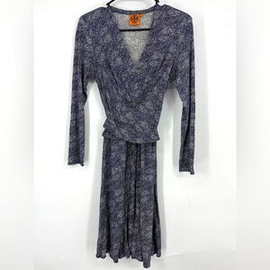 Vintage Tory Burch 100% Silk Wrap Dress Navy Blue and White Large